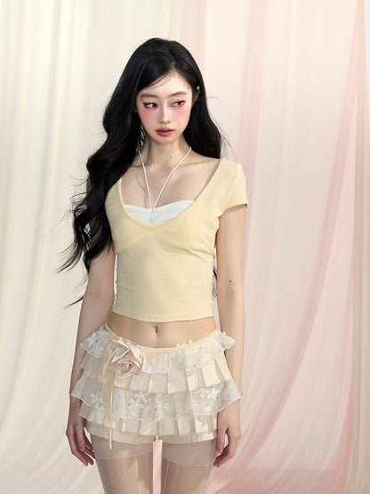 Backless T-Shirt Red/Yellow/Pink Glamorous Faux Two-Piece