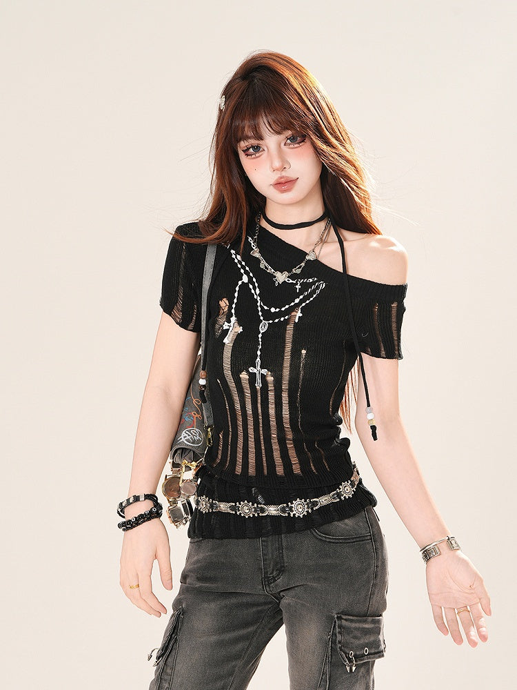 Asymmetrical Neckline Distressed Accessory with Black/White Cross Chain Print T-shirt Beaded Neck Holes
