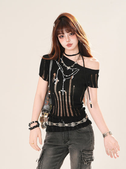 Asymmetrical Neckline Distressed Accessory with Black/White Cross Chain Print T-shirt Beaded Neck Holes