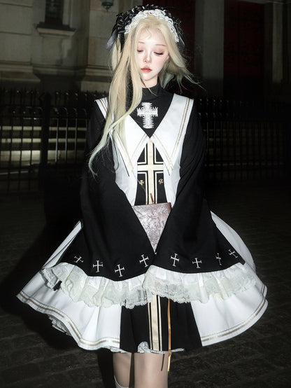 White and Black Nun Lolita Dress Full Set-Bell Sleeves Nun Dress + White Cape + Black Bow Accessory