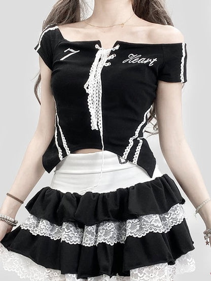Black Bittersweet Neckline Top With Lace-Up Detail And Letter Print Off-the-shoulder Kawaii