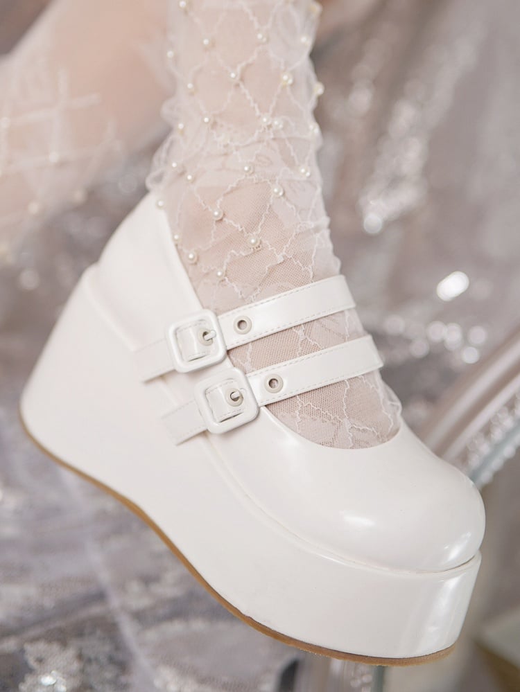 Sweet Straps White Platforms Buckle PU Lolita Dual with