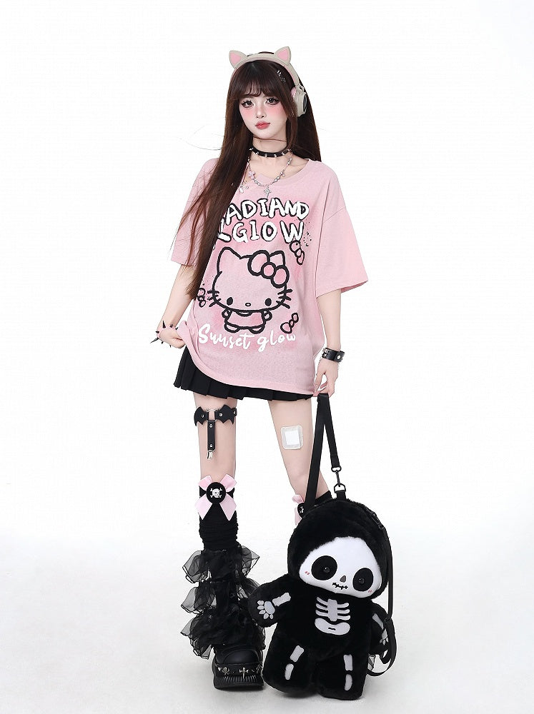 Entzückendes Kitty Graffiti Pink/Weiß Bittersüßes Detail T-Shirt Button