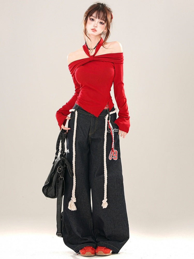Haut dos nu asymétrique noir/rouge à ourlet fendu