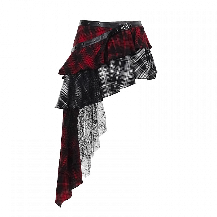 Red  Black Mesh Asymmetrical Plaid Skirt with PU Patchwork