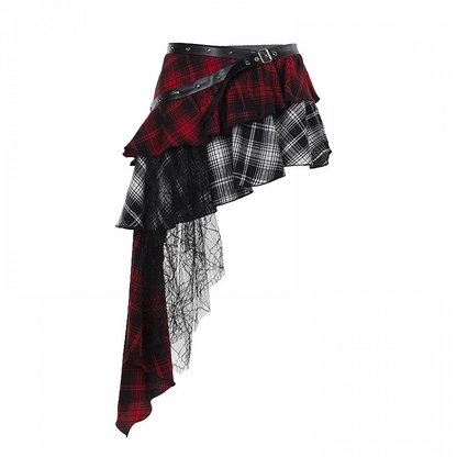 Red  Black Mesh Asymmetrical Plaid Skirt with PU Patchwork