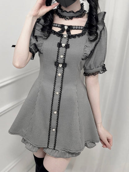 Set - Flutter Sleeves Self-tie Bow Back Mini Dress + Shorts Houndstooth Jirai Kei + Choker
