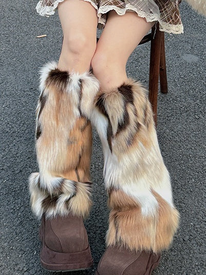 White&Brown Y2K Shaggy Leg Warmers