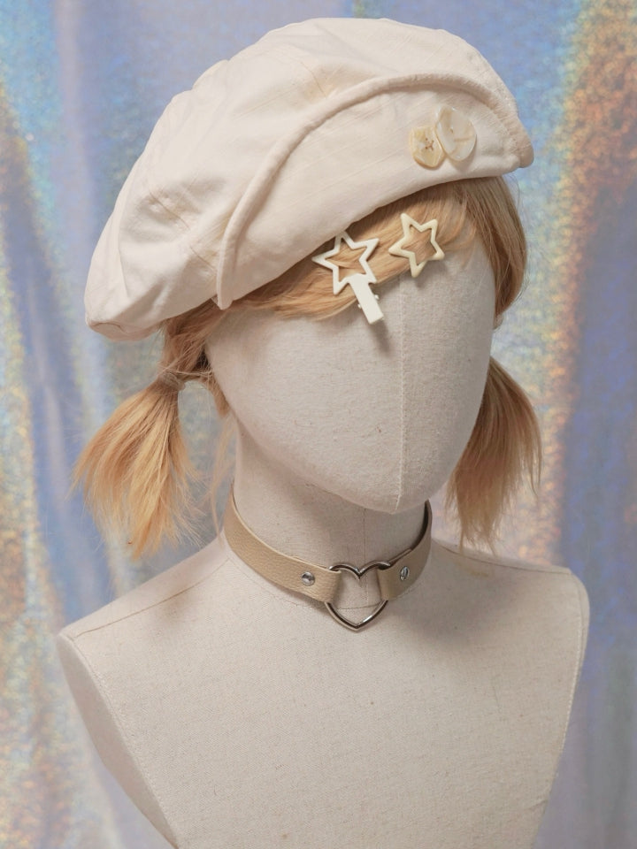 Beret Hat Beige Decorated Button