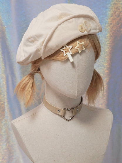 Beret Hat Beige Decorated Button