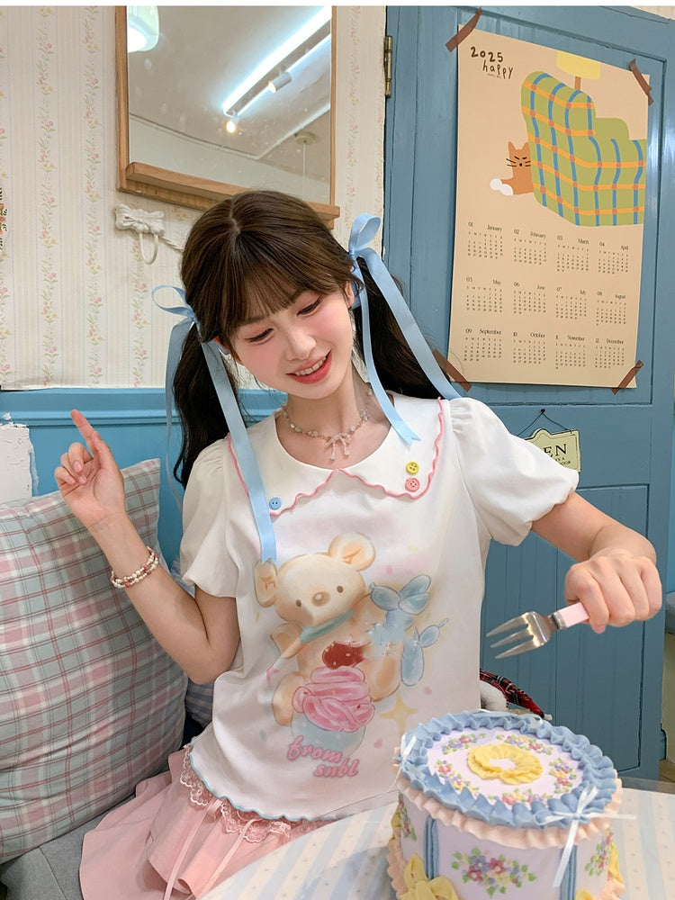 Cartoon Bear Print Hem White Peter Pan Collar Puff Sleeve Contrast Lettuce T-Shirt