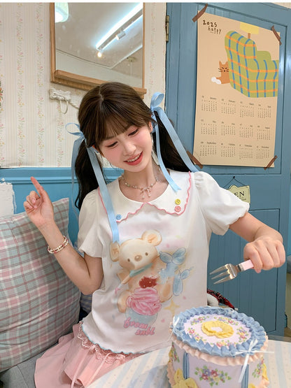 Cartoon Bear Print Hem White Peter Pan Collar Puff Sleeve Contrast Lettuce T-Shirt