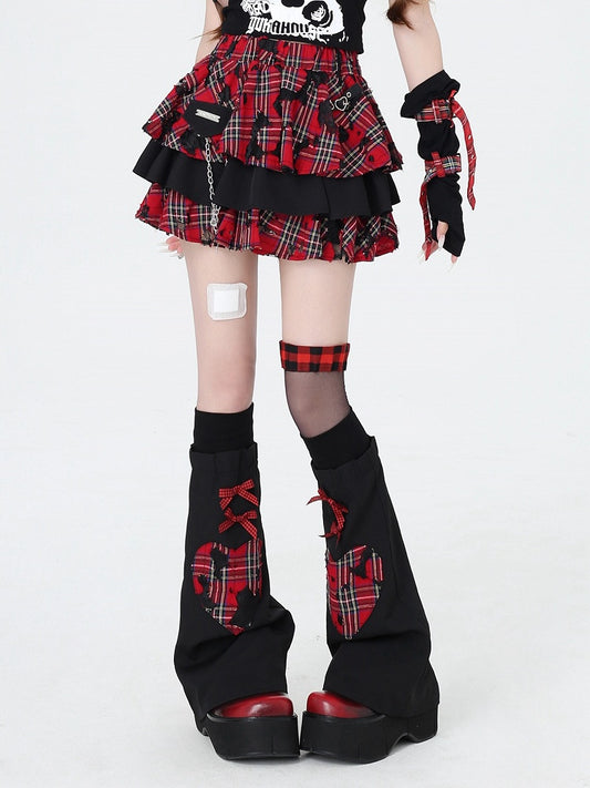 Rock Sleeves Chain Black Leg Red Plaid with Punk Decorated Tiered and Skirt Free