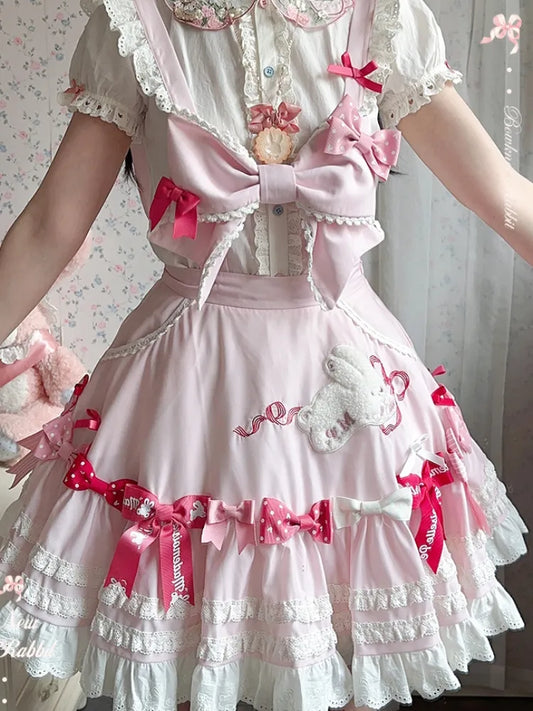 Skirt Pink Embroidery Shoulder Patch Detachable Lolita with Sweet Straps Bunny