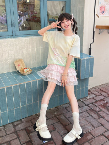 T-Shirt Light Green Round Neck Graffiti Lamb Print Loose