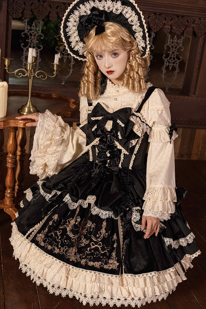 Decoration Dress JSK Velvet Candle Embroidery Lolita / Bows Black