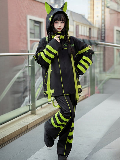 Black and Chartreuse Futuristic Cyber Fashion Techwear Outfit - Windbreaker Baggy Jacket + Shorts/Pants + Leg Warmers Full Set