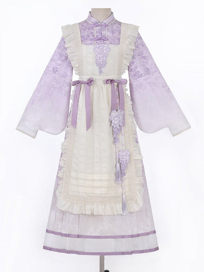 Beige Print Charm Kleid Quaste Lolita Han Schürze Floral Wisteria Lila + Perlen mit