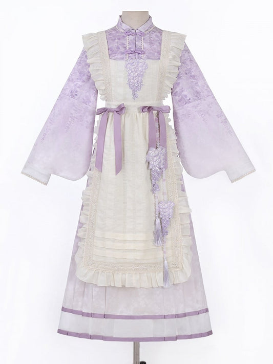 Beige Print Charm Kleid Quaste Lolita Han Schürze Floral Wisteria Lila + Perlen mit