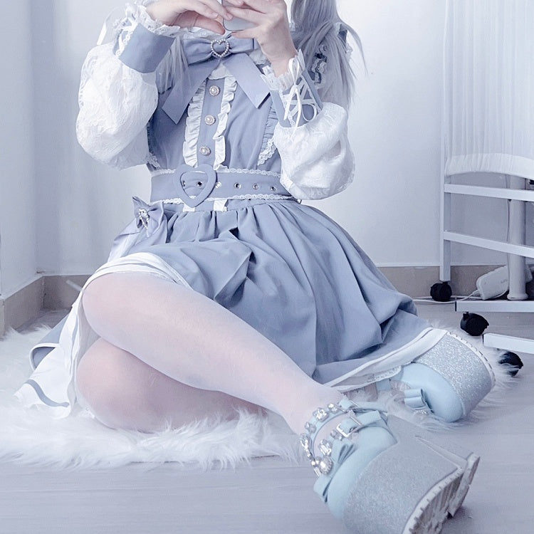 Herz Jirai Dusty Details Blau Verzierte Kei Strass Schleife