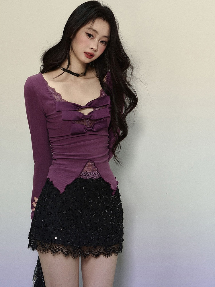 Purple Bow Accents Lace Trim V-neck Long Sleeves Top