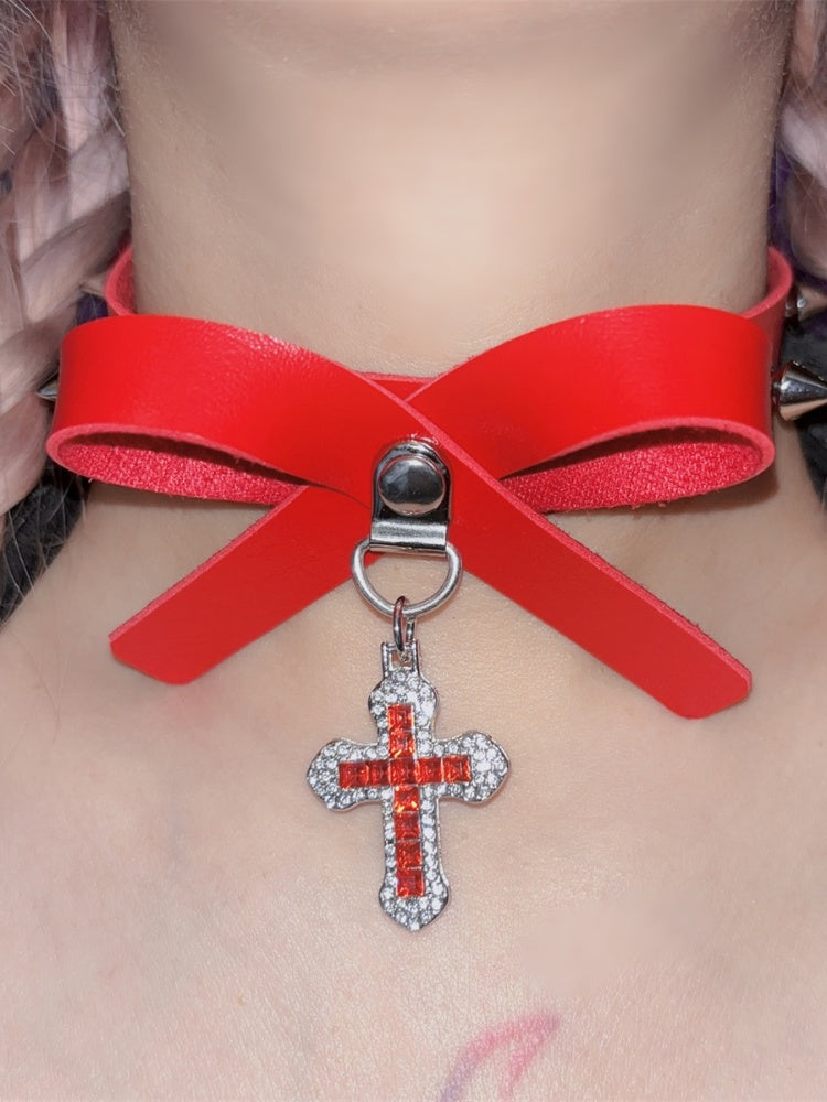 Red Bowknot Detail Punk Choker with Cross Pendant