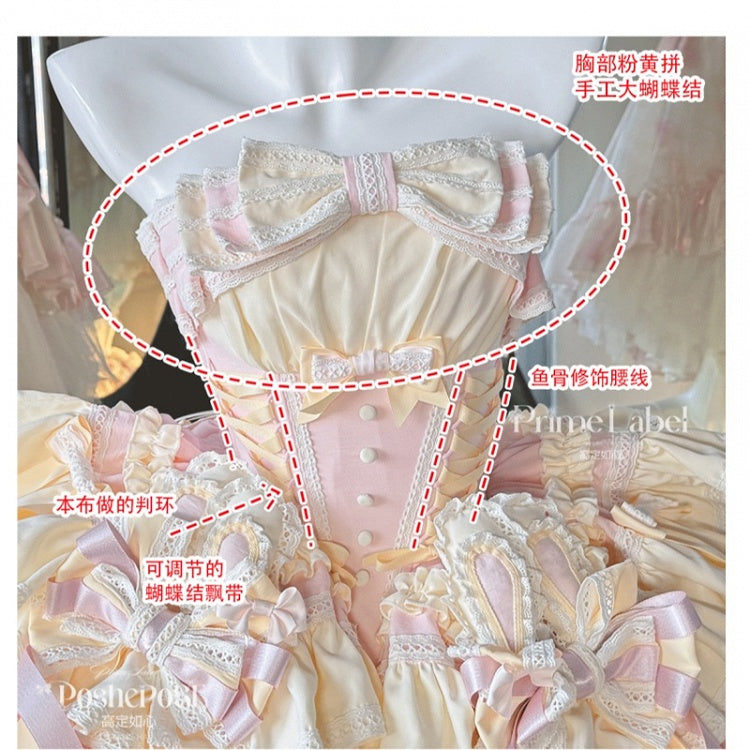and Boned Ear Bowknot Waist Basque with Pink Skirt Dress Bunny Puffy on Sweet Yellow Design
