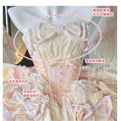 and Boned Ear Bowknot Waist Basque with Pink Skirt Dress Bunny Puffy on Sweet Yellow Design