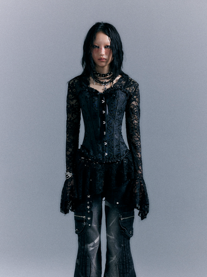 A-Line Mini Dress with Bell Sleeves Black Punk Semi-sheer Lace