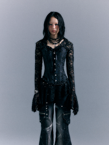 Floral Embroidered Corset with Lace Trim Punk Black