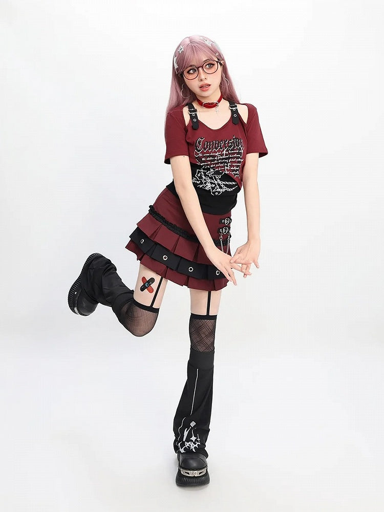 Butterfly Print T-Shirt Short Colorblock Cutout Shoulder Version Red/Pink/Purple Y2K