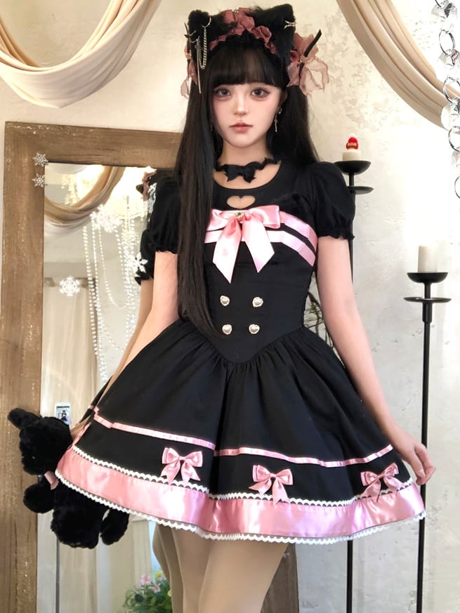 Black and Pink Cat Ears Bow Accents Basque Waist Sweet Dress Lolita Jumper Skirt