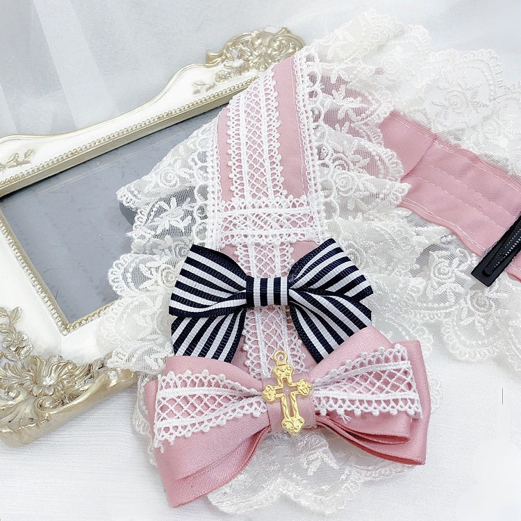 Details Kreuz Grau/Rosa Trim Bowknot Lolita Haarband Verziert Spitze Süß