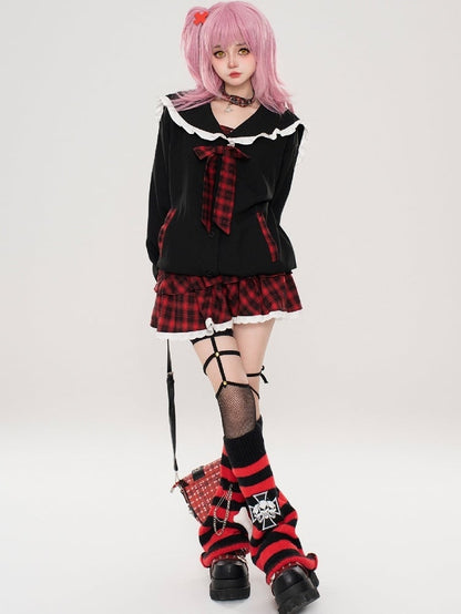 Black Sailor Collar Front Button Placket Top with Free Bowtie