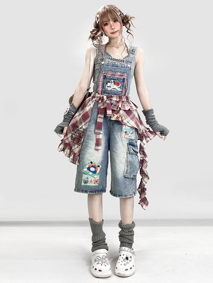 Pocket Jeans Puppy with Summer Waist Cute Accessory Plaid Overall