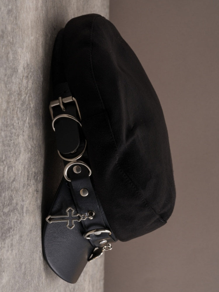 Baskenmütze, Kreuz, Hut und Details, Charme, Gothic, Knochen, schwarze Nieten