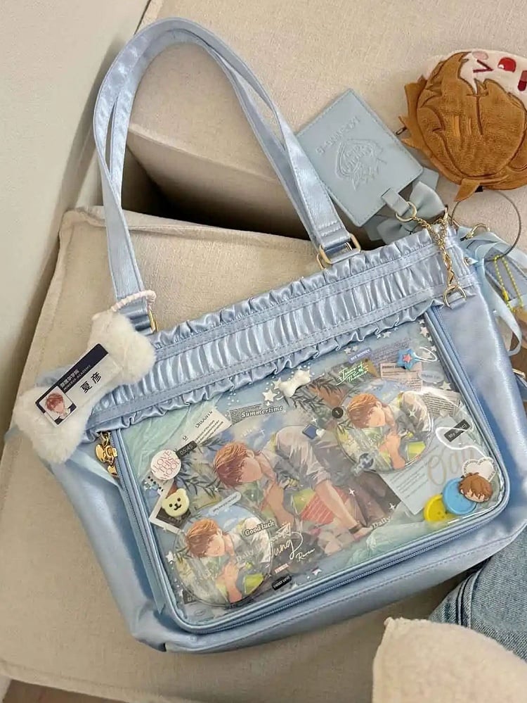 Capacity Tote Ruffled Ribbon Bow Large Ita Bag Trim Blue