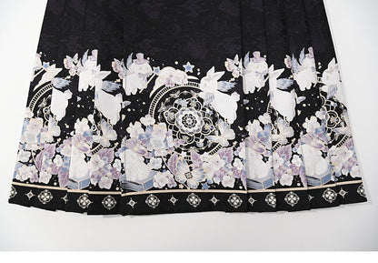 Jupe midi plissée style cheongsam motif lapin lune noire