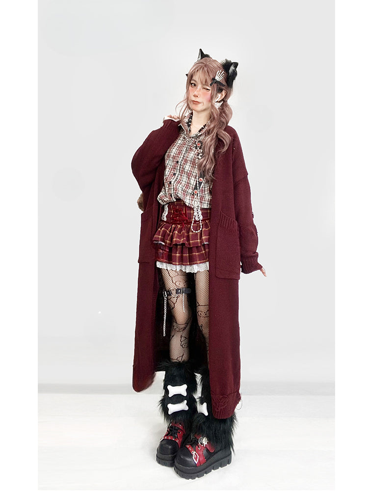 Wine Red Distressed Holes Long Cardigan