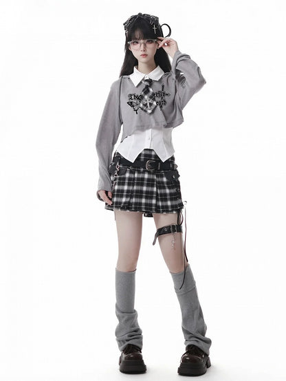 Y2K Lace-up Black Detail Plaid Skort with Buckle Belt and Chain White/ Khaki