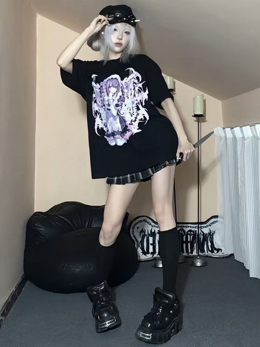 Black Jirai Cartoon Girl Round Kei T-shirt Print Neck