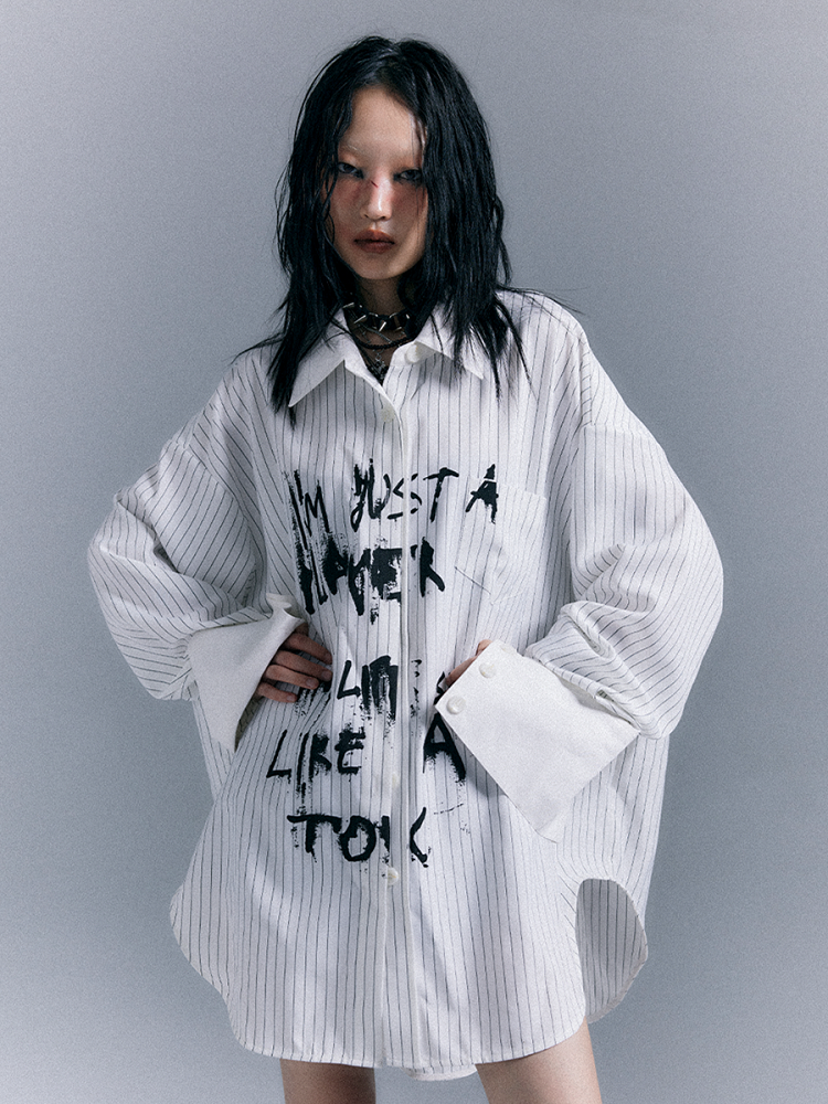 Graffiti Letter Shirt Print Punk White Striped