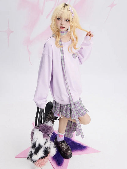 Purple Plaid Patchwork Fake Two-piece Sweatshirt Dress Asymmetrical Hem with Free Scarf