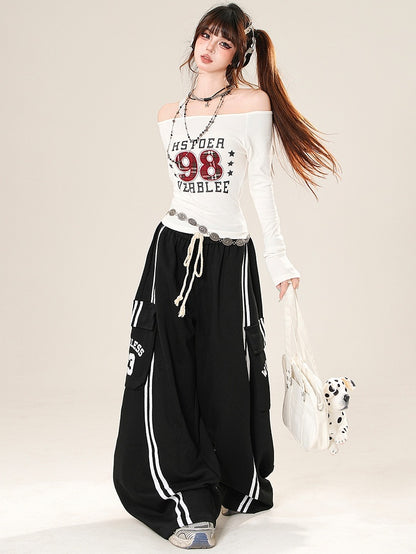 Decorated Number Black Wide-leg Pants Pockets Letter Cargo Cut Print And Bittersweet