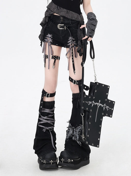 with Leg Hem Denim Shorts Lace-up Details Black Butterfly and Warmers Gray Applique
