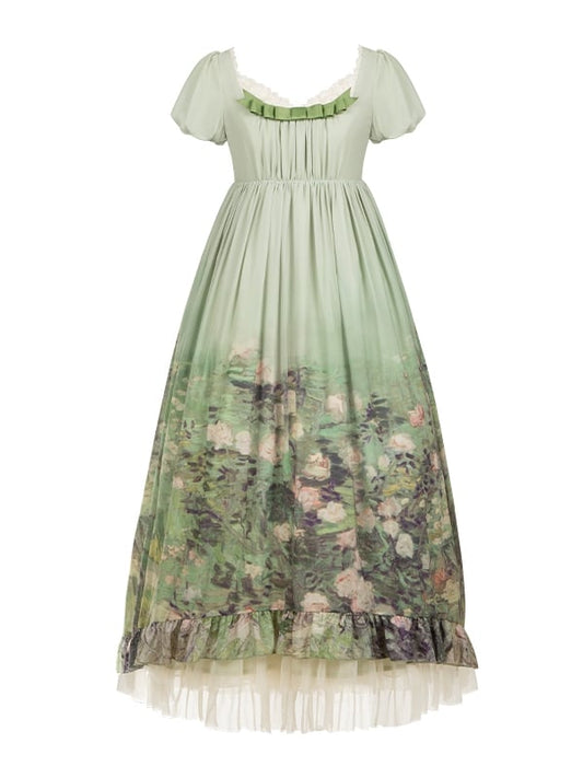 Rock Print Taille Kurze Lolita Öl Ärmel Malerei Elegantes Kleid Grün Empire