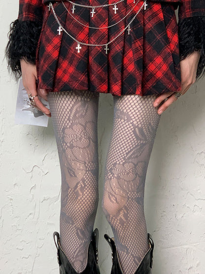 Grey Y2K Hollow-out Floral Pattern Tights