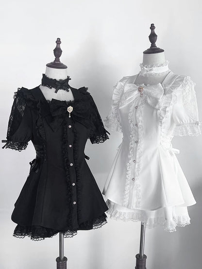 Jirai Kei Black Set: Cutout Shoulder Mini Dress with Lace-up Side Details and Skirt