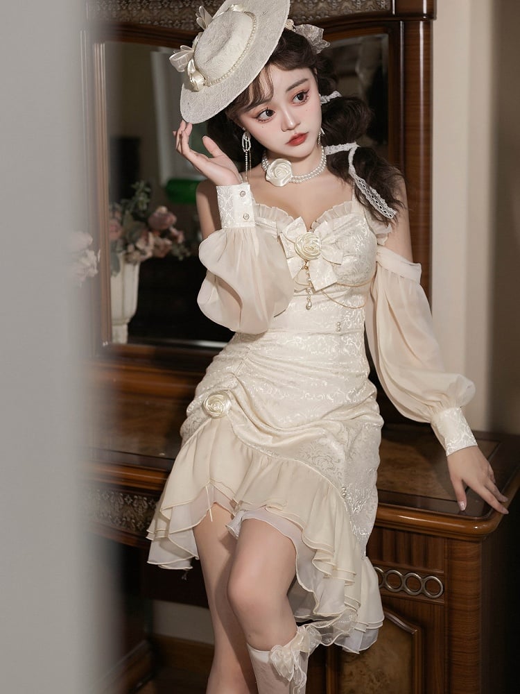 Lolita Mermaid Rose Hemline Ruffle Jacquard Ivory Decoration Detail Bead JSK