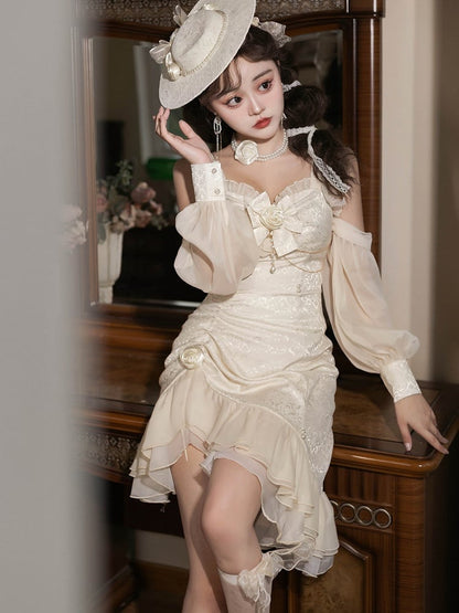 Lolita Mermaid Rose Hemline Ruffle Jacquard Ivory Decoration Detail Bead JSK
